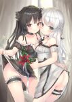  2girls :o :p ass bangs bare_shoulders black_dress black_eyes black_hair black_vs_white blush breasts choker cleavage collarbone day dress eyebrows_visible_through_hair flower frills grey_hair hair_ornament hands_up highres holding holding_flower long_hair looking_at_viewer looking_back moe2020 multiple_girls off-shoulder_dress off_shoulder open_mouth original parufeito pulled_by_another pulled_by_self red_eyes small_breasts smile thigh_strap thighs tongue tongue_out white_dress yuri 