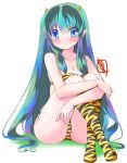  1girl animal_print artist_logo bikini blue_eyes boots breasts cleavage commentary_request crossed_legs full_body green_hair hinoue_itaru horns long_hair looking_at_viewer lum medium_breasts oni oni_horns pointy_ears simple_background sitting smile solo strapless strapless_bikini swimsuit tiger_print tiger_stripes urusei_yatsura white_background 