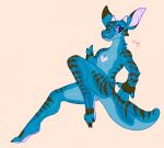  &lt;3 2021 anthro blue_body blue_eyes blue_scales claws facial_piercing fivel gloves_(marking) horn male markings nose_piercing nose_ring nude piercing scales scalie simple_background smile solo stripes thick_tail 