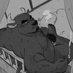  1:1 2021 anthro barazoku belly blush bovid bovine cattle cigarette duo facial_scar hi_res horn human kemono male male/male mammal monochrome moobs mtmnkmn nipples overweight overweight_male scar sitting smoke smoking 