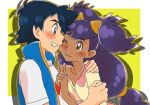  1boy 1girl amada ash_ketchum ash_ketchum_(cosplay) black_hair blush brown_eyes cosplay dark_skin dark_skinned_female iris_(pokemon) long_hair pokemon pokemon_(anime) pokemon_swsh_(anime) purple_hair smile 