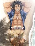  1boy abs absurdres arms_behind_head bara bare_pecs beach black_hair dark_skin dark_skinned_male dragalia_lost highres jewelry legs_together looking_at_viewer lying male_focus muscular muscular_male navel necklace nipples nura on_back open_clothes open_shirt pectorals ranzal sand short_hair shorts smile solo stomach thick_thighs thighs yellow_shorts 