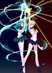  2girls absurdres bangs bishoujo_senshi_sailor_moon black_skirt blue_bow bow breasts clenched_hands energy gold_hairband green_hair green_skirt hands_up highres huge_filesize kaiou_michiru long_legs looking_at_viewer magical_girl medium_breasts multiple_girls open_hands parted_bangs pochi_(askas_is_god) sailor_collar sailor_neptune sailor_senshi_uniform sailor_uranus short_hair skirt ten&#039;ou_haruka yellow_bow 