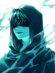 1boy blindfold blue_theme cloak eli_clark facial_mark frontierpax hood hood_up hooded_cloak identity_v male_focus parted_lips short_hair simple_background smile solo upper_teeth white_background 