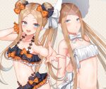  2girls abigail_williams_(fate/grand_order) abigail_williams_(swimsuit_foreigner)_(fate) absurdres bangs bare_shoulders bikini black_bikini black_bow black_skirt blonde_hair blue_eyes blush bonnet bow breasts collarbone double_bun dual_persona emerald_float fate/grand_order fate_(series) forehead frilled_bikini frills hair_bow highres komainu_(yamaha1997) long_hair looking_at_viewer microskirt miniskirt multiple_bows multiple_girls navel orange_bow parted_bangs polka_dot polka_dot_bow sidelocks skirt small_breasts swimsuit twintails very_long_hair white_bikini white_bow white_headwear 