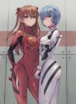  2girls arm_behind_back ayanami_rei bangs blue_eyes blue_hair bodysuit breasts brown_hair closed_mouth commentary_request eyebrows_visible_through_hair eyelashes from_below hair_between_eyes hair_ornament hand_on_own_arm highres long_hair looking_at_viewer moshoko_(mizuneroku) multiple_girls neon_genesis_evangelion purple_eyes red_bodysuit shiny short_hair souryuu_asuka_langley standing turtleneck white_bodysuit 