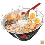  artist_name beans bird bowl chicken commentary_typo egg fish flower food food_focus hard-boiled_egg highres meat nanashi_(freshman) no_humans original porridge rice simple_background solo soup sparkle spoon steam still_life white_background 