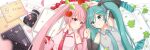  2girls ahoge alternate_color bangs bare_shoulders blue_eyes blue_hair blush breasts camera cherry cherry_blossoms cleavage computer detached_sleeves eyebrows_visible_through_hair falling_leaves falling_petals food frilled_pillow frills fruit hair_between_eyes hair_ornament hatsune_miku laptop leaf long_hair long_image looking_at_viewer looking_to_the_side lying multiple_girls necktie open_mouth petals pillow pink_eyes pink_hair sakura_miku shirt signature tsukiko_neko twintails very_long_hair vocaloid wide_image 