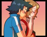  1boy 1girl amada ash_ketchum black_hair blonde_hair blush closed_eyes couple hug hug_from_behind pokemon pokemon_(anime) pokemon_(game) pokemon_xy serena_(pokemon) short_hair smile 