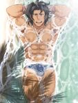  1boy abs absurdres arms_behind_head bara bare_pecs beach black_hair dark_skin dark_skinned_male dragalia_lost highres jewelry looking_at_viewer lying male_focus male_swimwear muscular muscular_male navel necklace nipples nura on_back pectorals ranzal sand short_hair smile solo stomach swim_briefs swimwear thick_thighs thighs water 