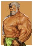  1boy absurdres bara beard brown_background brown_eyes clenched_hand facial_hair hand_on_hip highres hogen_(tokyo_houkago_summoners) horns looking_at_viewer male_focus muscular muscular_male mustache nipples shirtless simple_background single_horn smile solo sparkle standing tokyo_houkago_summoners towel_on_one_shoulder traver009 veins white_hair 
