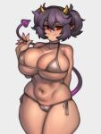  2020 big_breasts bikini breasts camel_toe cleavage clothed clothing curvy_figure demon female hair hi_res horn huge_breasts humanoid humanoid_pointy_ears kelvin_hiu not_furry pigtails purple_hair red_eyes simple_background solo spade_tail swimwear voluptuous white_background 