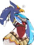  after_sex anthro armor avian beak bird blue_body blue_feathers bodily_fluids breath_of_the_wild cross-popping_vein cum cum_in_armpit feathers genital_fluids hi_res male nintendo popemadara revali rito scarf sweat the_legend_of_zelda vein video_games 