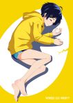  1girl absurdres bare_legs barefoot blue_shorts closed_eyes dark_blue_hair egg hair_ornament hairclip highres hood hood_down hoodie long_sleeves nanowise ooto_ai parted_lips short_hair short_shorts shorts sleeping solo toes wonder_egg_priority yellow_background yellow_hoodie 