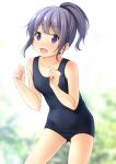  1girl :d ass_visible_through_thighs bangs bare_arms bare_shoulders black_swimsuit blurry blurry_background blush breasts collarbone commentary_request depth_of_field eyebrows_visible_through_hair fang hands_up high_ponytail highres looking_at_viewer old_school_swimsuit one-piece_swimsuit open_mouth original ponytail purple_eyes purple_hair school_swimsuit shibacha small_breasts smile solo standing swimsuit 