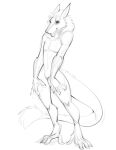  anthro featureless_crotch hair hi_res male mikeknight19 monochrome navel nude pose sergal simple_background sketch smile solo standing tail_tuft tikk tuft white_background 