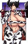  2021 4_ears absurd_res alecto_0 animal_humanoid animal_print bandeau bell bell_collar belt big_breasts bikini black_hair bovid bovid_humanoid bovine bovine_humanoid breasts cattle_humanoid clothed clothing collar coveralls cow_print ear_piercing facial_piercing female fingerless_gloves genitals gloves hair hammer handwear hi_res holding_object horn huge_breasts humanoid mammal mammal_humanoid multi_ear nose_piercing partially_clothed piercing pubes pussy pussy_floss short_hair sling_bikini solo swimwear tools topwear 