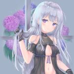  1girl bangs bare_shoulders black_gloves blue_eyes blush breasts cleavage closed_mouth eyebrows_visible_through_hair flower gloves grey_hair hand_up heterochromia highres holding holding_hair hydrangea long_hair looking_at_viewer mole mole_under_eye navel off_shoulder original parufeito purple_eyes purple_ribbon ribbon sidelocks small_breasts smile solo underboob wet 