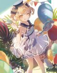  1girl absurdres animal_ears arknights balloon bear_ears blonde_hair dress flower frying_pan gummy_(arknights) gummy_(summer_flowers)_(arknights) hat highres ice_cream_cone ji_mag_(artist) one_eye_closed orange_eyes plant potted_plant see-through swimsuit tongue tongue_out twintails white_dress 