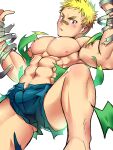  1boy abs bandages bandaid bandaid_on_nose bara blonde_hair blush bulge facial_hair feet_out_of_frame goatee highres male_focus muscular navel nipples older ooki_ikutoshi pectorals shirt shirtless short_hair sideburns solo thick_thighs thighs tokyo_houkago_summoners torn_clothes torn_legwear torn_shirt waku_(ayamix) white_background 