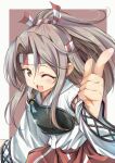  1girl commentary_request cowboy_shot grey_hair hachimaki hakama hakama_pants headband high_ponytail highres index_finger_raised japanese_clothes kantai_collection long_hair looking_at_viewer muneate one_eye_closed ponytail red_hakama solo yashin_(yasinz) zuihou_(kantai_collection) 