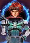  1girl apex_legends armor blue_eyes bodysuit closed_mouth goggles hand_on_hip hand_up horizon_(apex_legends) hungry_clicker looking_at_viewer red_hair short_hair smile solo waving 