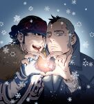  2boys ainu ainu_clothes black_eyes black_hair blue_collar buttons collar collared_coat couple facial_hair golden_kamuy hat head_to_head headband heart heart_hands heart_hands_duo highres kadokura_(golden_kamuy) kepi kirawus_(golden_kamuy) long_sleeves male_focus military_hat mohawk multiple_boys old old_man short_hair sideburns simple_background stubble upper_body w55674570w 