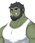  1boy bara bare_shoulders beard black_hair borrowed_character colored_skin ear_piercing facial_hair fangs green_skin highres kou_(ixkouu) looking_at_viewer male_focus muscular muscular_male orc original pectorals piercing pointy_ears portrait short_hair smile solo tank_top thick_eyebrows white_tank_top 