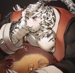  1boy abs animal_ears arknights bara bare_pecs blush bounsies cup drinking_glass elbow_rest furry highres jacket looking_at_viewer male_focus mountain_(arknights) muscular muscular_male nipples official_alternate_costume one_eye_closed open_clothes open_jacket open_shirt pectorals scar scar_across_eye short_hair solo tiger_boy tiger_ears tiger_stripes white_fur 