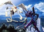  city creature eva_01 fighting flying gainax kaijuu lance mecha monster mountain neon_genesis_evangelion no_humans official_art polearm scan sky smoke standing tatsunoko_pro tree weapon yoshinari_you 