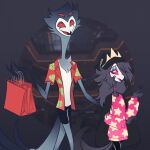  1:1 4_eyes anthro avian bag bird bottomwear clothed clothing crown cupnstraws daughter demon duo father father_and_child father_and_daughter female helluva_boss hi_res male mall multi_eye octavia_(vivzmind) owl parent parent_and_child red_eyes shirt shorts stolas_(vivzmind) topwear 