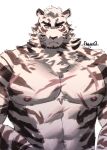  1boy abs animal_ears arknights bara completely_nude dilukha_(nyaalgebra) furry highres looking_at_viewer male_focus mountain_(arknights) muscular muscular_male navel nipples nude pectoral_focus pectorals scar scar_across_eye scar_on_chest scar_on_stomach short_hair solo tiger_boy tiger_ears tiger_stripes upper_body white_background white_fur 