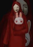  aka_manto alternate_costume animal_crossing black_background commentary expressionless freckles highres hitachi_catherine hood hood_up horror_(theme) long_sleeves looking_at_viewer original red_eyes red_lips red_robe ruby_(animal_crossing) simple_background surreal tagme urban_legend 