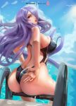  1girl absurdres adjusting_clothes adjusting_swimsuit ass ass_focus back bikini bird black_bikini black_swimsuit blue_sky blurry blurry_background blurry_foreground breasts camilla_(fire_emblem) cloud commentary covered_nipples day depth_of_field english_commentary fingernails fire_emblem fire_emblem_fates fire_emblem_heroes floating_hair from_behind hair_over_one_eye highres large_breasts lips long_fingernails long_hair looking_at_viewer looking_back miraihikariart nail_polish nose nostrils one-piece_swimsuit one_eye_covered outdoors pool poolside purple_hair purple_nails red_eyes reward_available shiny shiny_skin sideboob sky solo swimsuit taut_clothes taut_swimsuit thighs very_long_hair water wedgie wet 