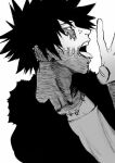  1boy bangs black_hair boku_no_hero_academia burn_scar dabi_(boku_no_hero_academia) from_side greyscale looking_at_viewer male_focus messy_hair monochrome open_mouth piercing scar shirt short_sleeves simple_background solo spiked_hair staple stitches upper_body white_background yuu_yuugekisyu 