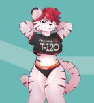  anthro bedroom_eyes bottomwear breasts clothing crop_top felid female front_view fur hair looking_at_viewer mammal narrowed_eyes nule pantherine panties raised_arm red_hair seductive shirt simple_background solo thick_thighs tiger topwear underwear white_body white_fur wide_hips 