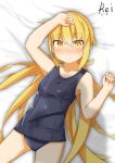  1girl absurdres blonde_hair blue_swimsuit blush breasts collarbone covered_navel embarrassed etsuransha_no_rei eyebrows_visible_through_hair frown highres kantai_collection long_hair looking_at_viewer low_twintails lying old_school_swimsuit on_bed one-piece_swimsuit satsuki_(kantai_collection) school_swimsuit small_breasts solo swimsuit twintails twitter_username 