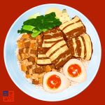  animal bowl bunny egg food food_focus hardboiled_egg lilac_(p-f_easy) meat no_humans original pork red_background rice simple_background still_life vegetable 
