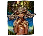  1other animal_ears bird blue_sky border brown_eyes closed_mouth dark_skin day fingernails grass grey_hair hands_up highres looking_at_viewer one_eye_closed original outdoors shima_(wansyon144) sky solo upper_body white_border 