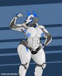  abs absurd_res anthro big_breasts blue_eyes breasts butterybushbaby canid canine cybernetics exposed_endoskeleton eyebrows female flexing_bicep glowing glowing_tongue hand_on_hip hi_res machine mammal markings muscular muscular_anthro muscular_female nude raised_eyebrow robot solo thick_thighs tongue wide_hips 