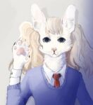  2018 anthro blonde_hair clothing cyberzyd digital_media_(artwork) digital_painting_(artwork) domestic_cat felid feline felis female fluffy fur hair hi_res looking_at_viewer mammal nails necktie pawpads paws pigtails pink_nose portrait simple_background sweater topwear twintails_(hairstyle) white_background white_body white_fur 