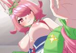  +_+ 1girl :3 animal_ear_fluff animal_ears areolae azuchi_momo bangs bare_shoulders blush breasts breasts_apart colored_inner_hair foreshortening fox_ears from_below green_hair green_ribbon hair_over_one_eye hair_ribbon hands highres indoors jacket large_breasts looking_at_viewer multicolored_hair nijisanji nipples open_clothes open_jacket osiaarah pink_eyes pink_hair pov puffy_nipples ribbon ringed_eyes shirt_pull short_hair smile solo upper_body virtual_youtuber 