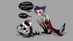  16:9 4_eyes anthro avian bird blitzo_(vivzmind) clothed clothing demon dialogue duo eye_contact grey_background helluva_boss imp looking_at_another male multi_eye owl parody red_eyes satorrotas simple_background stolas_(vivzmind) text widescreen 