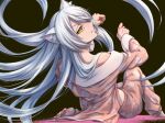  1girl animal_ear_fluff animal_ears black_background black_hanekawa cat_ears closed_mouth floating_hair from_behind hanekawa_tsubasa leaning_back long_hair long_sleeves looking_at_viewer looking_back monogatari_(series) off_shoulder open_clothes open_shirt pajamas pants shiny shiny_skin silver_hair solo soraao0322 sweater very_long_hair yellow_sweater 