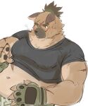  2021 absurd_res anthro belly brown_body brown_fur canid canine canis clothing domestic_dog fur hi_res kaneta kemono male mammal navel overweight overweight_anthro overweight_male scar shirt simple_background solo tokyo_afterschool_summoners topwear video_games white_background yasuyori 