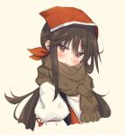  1girl blush brown_hair commentary_request eip_(pepai) girls_frontline head_scarf long_hair looking_at_viewer puffy_sleeves red_eyes ribbon scarf shirt simple_background smile solo white_shirt zvi_falcon_(girls_frontline) 