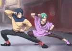  1boy 1girl aqua_hair bangs black_footwear black_pants black_shirt blue_hair collarbone four_murasame full_body gundam hand_on_hip kamille_bidan pants parted_bangs parted_lips purple_legwear red_legwear shiny shiny_hair shirt short_hair socks stance sweater teikoku_jokyoku wristband yellow_sweater zeta_gundam 