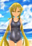  1girl arms_behind_back ass_visible_through_thighs beach blonde_hair blue_sky blue_swimsuit breasts cameltoe cloud collarbone covered_navel cowboy_shot crescent crescent_hair_ornament day etsuransha_no_rei eyebrows_visible_through_hair hair_between_eyes hair_ornament highres kantai_collection long_hair looking_at_viewer low_twintails lying ocean old_school_swimsuit one-piece_swimsuit outdoors sand satsuki_(kantai_collection) school_swimsuit sky small_breasts solo swimsuit tan tanline thighs twintails 
