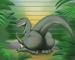  absurd_res arttukorppu big_butt bodily_fluids butt claws dinosaur dromaeosaurid feral hi_res looking_at_viewer looking_back nude plant reptile scalie solo sweat theropod 