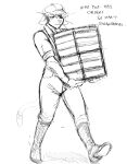  2021 anthro black_eye_(injury) boots cat_knight clothing crate delivery_(commerce) delivery_employee domestic_cat english_text felid feline felis female food_delivery footwear hat headgear headwear hi_res hladilnik mammal monochrome sketch solo text walking 